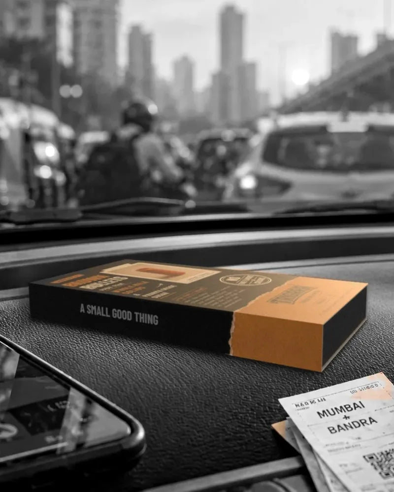 A Brown Bullets box on a car dashboard