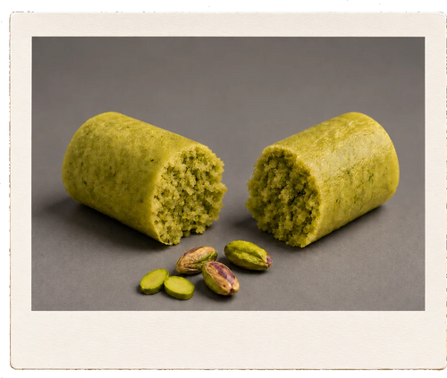 Green Bullets toffee broken in half with Pishori pistachios and slices beside it