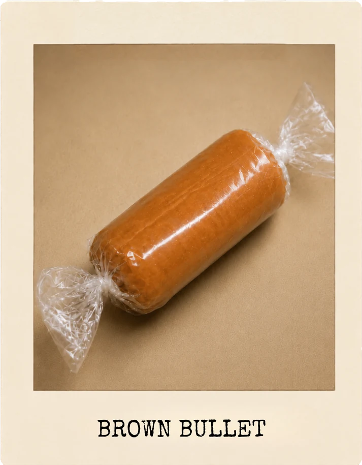 Brown Bullet, a caramel toffee in its wrapper