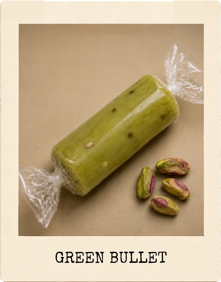 Green Bullet, a pistachio toffee in its wrapper