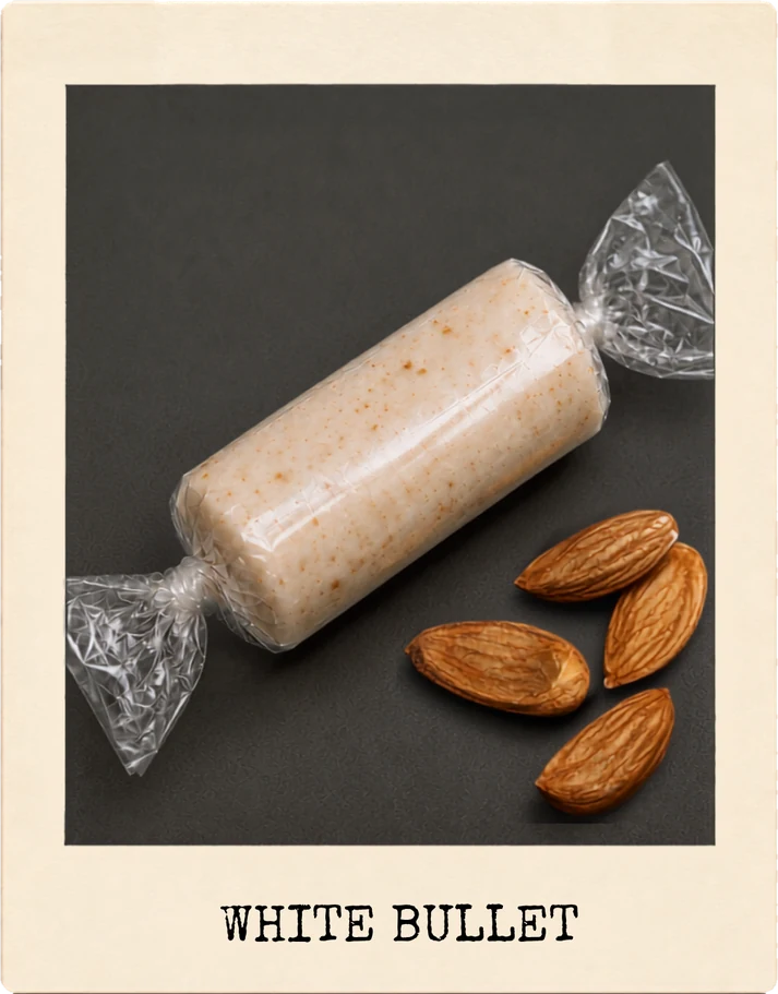 White Bullet, a almond toffee in its wrapper