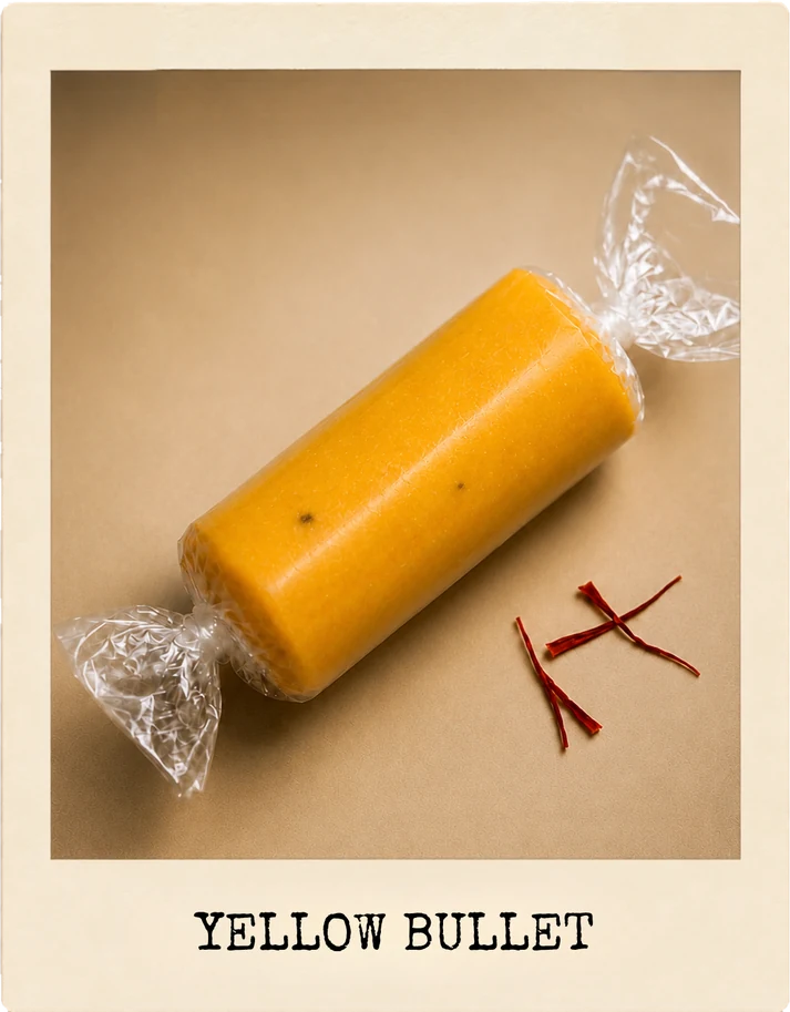 Yellow Bullet, a saffron toffee in its wrapper