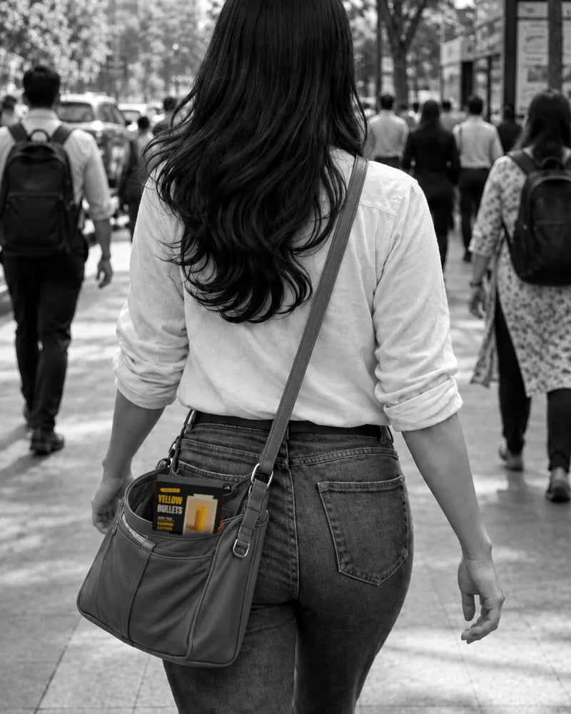 A woman walking through a crowd, a Yellow Bullets box in her handbag